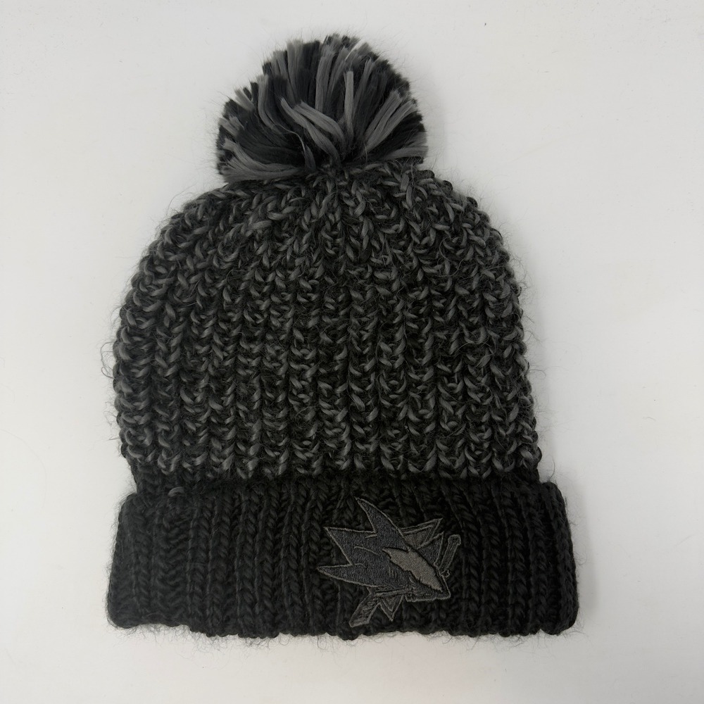 San Jose Sharks Fanatics NHL‎ Knit Pom Beanie Hat Gray Black Embroidered Logo